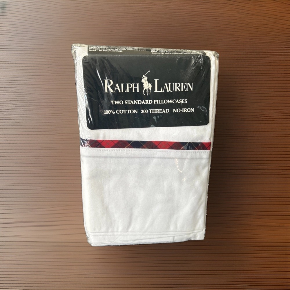 Ralph‎ Lauren Brady White Pillowcases Standard Tartan Piping Vintage New Sealed